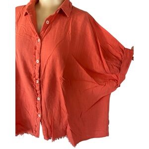 Umgee Oversized Coral Pink Raw Hem Collared Dolman Sleeve Linen Blend Top- Small